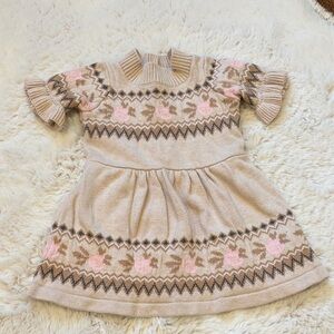 Janie and Jack Knit Sweater Dress - Floral Pink and Brown 6-12 months